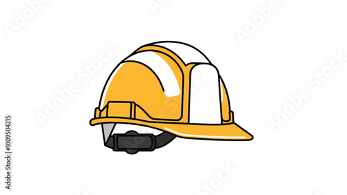 Yellow and white hard hat with a black chin strap