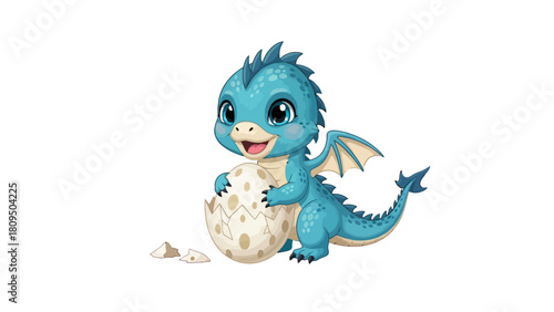 A baby blue dragon is hatching from a spotted egg