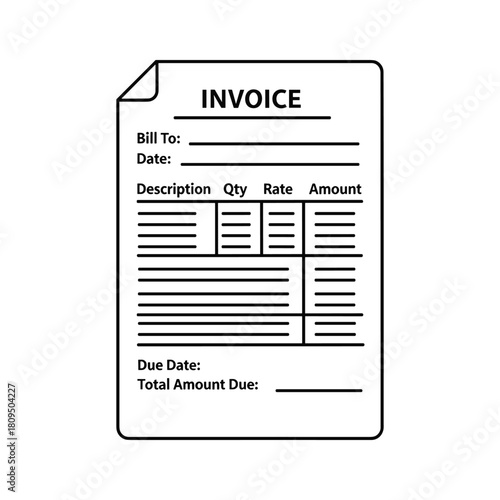 Simple black and white outline drawing of a detailed invoice form for billing, isolated on