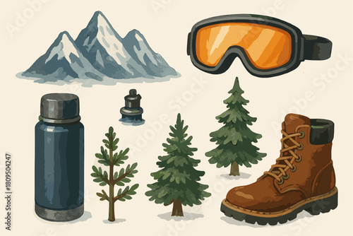 Winter Hiking and Mountain Adventure Icons