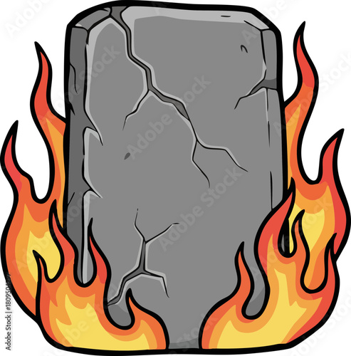 Ancient stone monument engulfed in cartoon flames