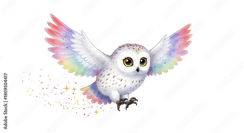 Obraz premium Cute Snowy Owl Flying with Rainbow Wings and Glitter Trail.