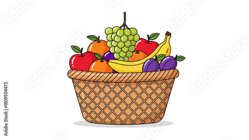 A basket filled with a variety of colorful fruits including apples oranges grapes plums and a banana