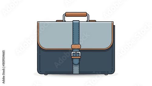 A blue and gray briefcase with a leather handle and buckle