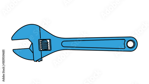 A blue adjustable wrench with a black outline on a white background