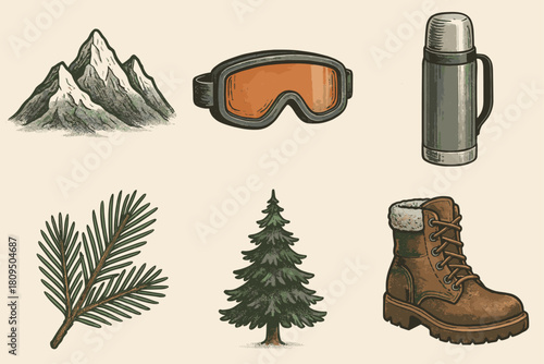 Winter Adventure and Hiking Gear Illustration