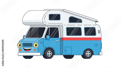 A blue and white camper van with a red stripe and a smiling face