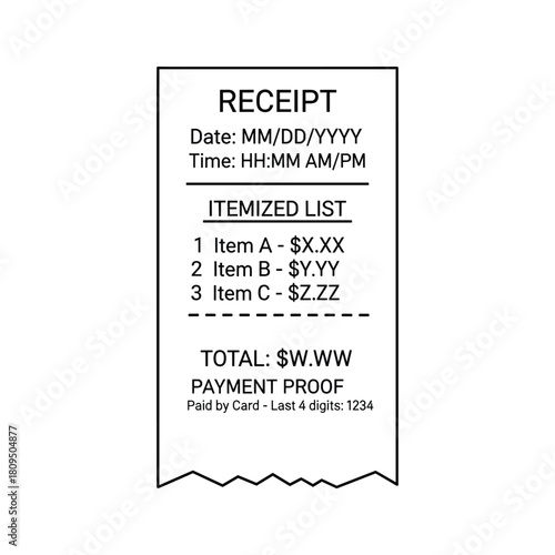Itemized receipt icon displaying date, time, and a list of purchased items with total amount, isolated on