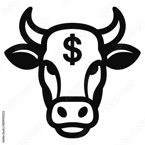 Cash cow icon with dollar sign on cow head representing a profitable cash cow, steady income, and reliable revenue source