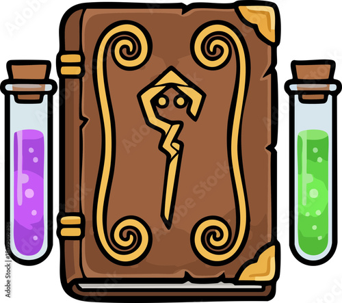 Fantasy spellbook with potions for magical research