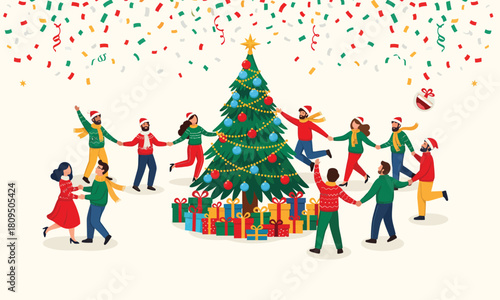 Happy People Dancing Around Decorated Christmas Tree. Group Holding Hands Celebrating Holiday with Falling Confetti and Presents.