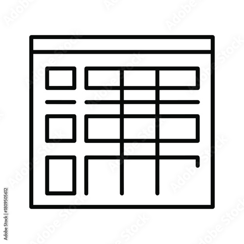 Black outline icon of a spreadsheet or data table, symbolizing data, isolated on