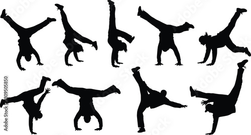 Black Silhouette Set of Breakdancers and Acrobats Performing Handstands, Freezes, and Dynamic Body Movements, Illustrating Street Dance and SkillBlack Silhouette Set of Breakdancers and Acrobats 
