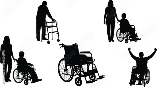 Black Silhouette Set of Disabled People in Wheelchairs and Using Walkers, Featuring Caregivers, Symbolizing Accessibility, Support, Independence, and Inclusion