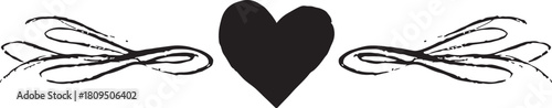 Black silhouette of a heart with decorative swirling flourishes on a white background love symbol