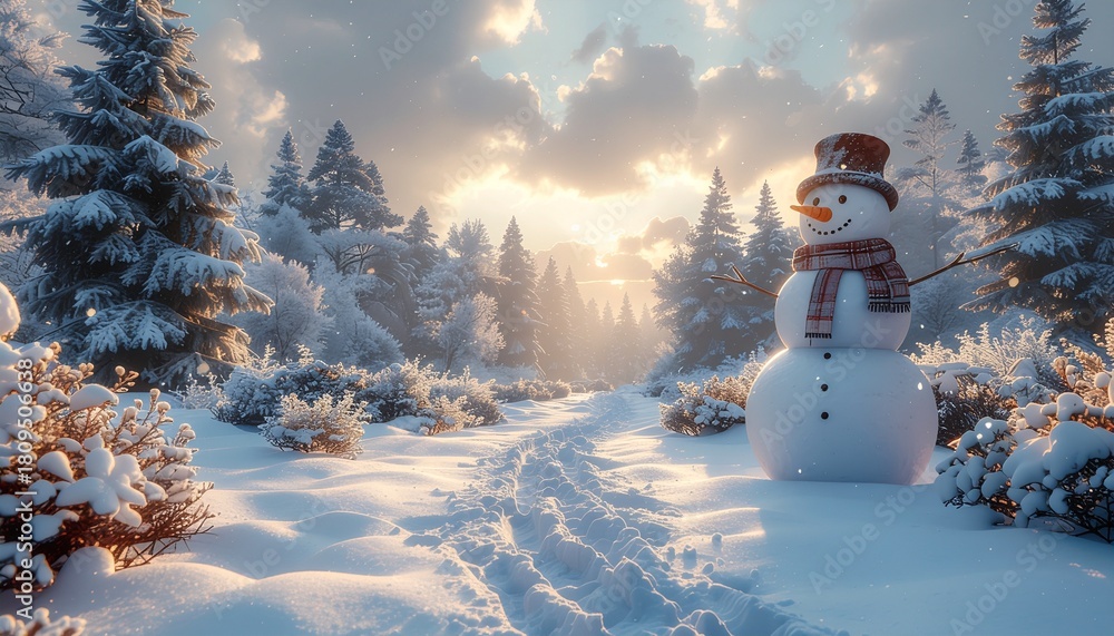 Fototapeta premium Snowman standing in a snowy landscape, pine trees in the background, festive atmosphere, postcard design