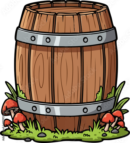 Wooden barrel with mushrooms and grass illustration