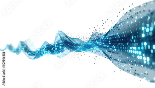 Abstract digital representation of data flow, swirling blue ribbons and particles on black background