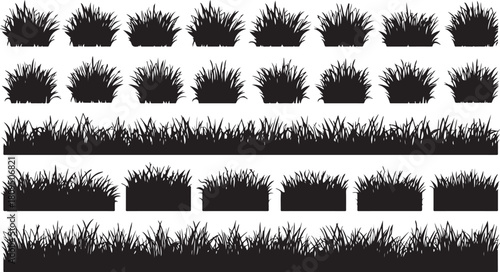 Collection of Black Silhouette Grass Clumps and Horizontal Grass Borders on White Background nature