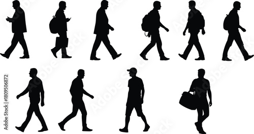 Black Silhouette Set of Diverse Men Walking with Backpacks, Briefcases, and Bags, Illustrating Commuting, Travel, Business, and Everyday Motion