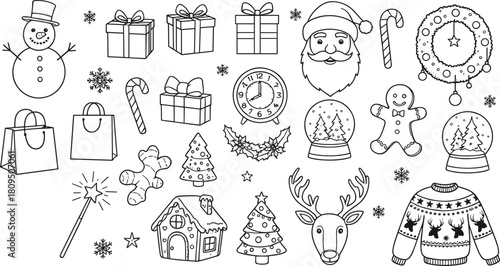 Mega Set of Hand Drawn Christmas and Winter Holiday Doodle Outline Icons Vector Illustration