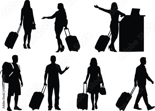 Black Silhouette Set of Diverse Travelers with Luggage, Bags, and Backpacks, Including Airport Check-in Scenes, Illustrating