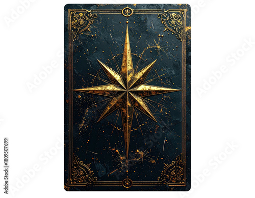 Ornate, dark-themed tarot card back featuring a golden starburst design and decorative filigree