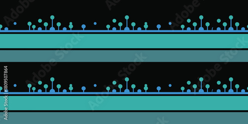 A graphic illustration featuring teal lines and circles on a black background in a repeated pattern design