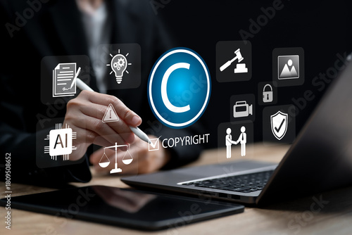 Copyright Intellectual Property Protection Concept, Businesswoman Filing Patents to Prevent AI-Driven Infringement,Safeguarding Original Images,Videos,Enforcing Legal Compliance Against Digital Misuse
