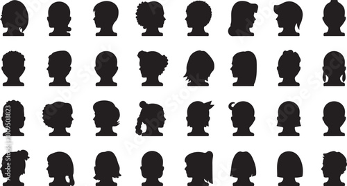 Diverse collection of black silhouette profiles of human heads showing various hairstyles and genders on white background