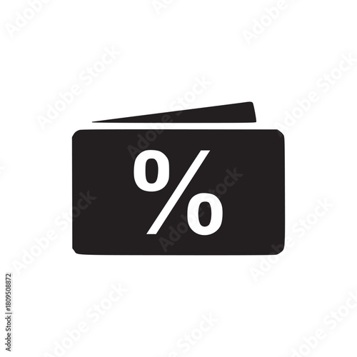 A black discount card icon with a percentage symbol on a white background in a simple illustration