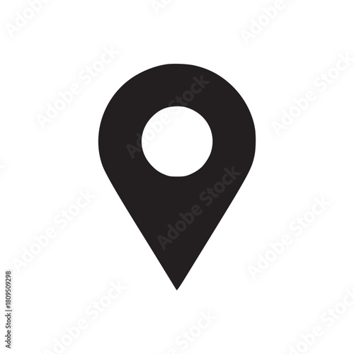 A simple black location pin icon on a white background indicating a specific geographical point