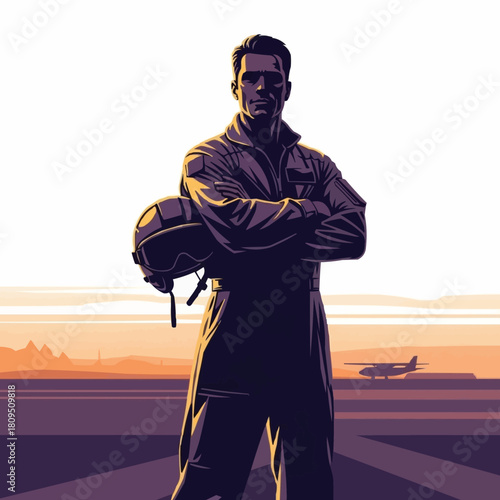 Confident male aviator in a flight suit holding his helmet.