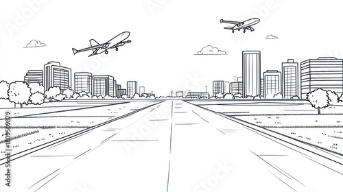 Runway with planes taking off from a city, for transport, aviation, travel visuals