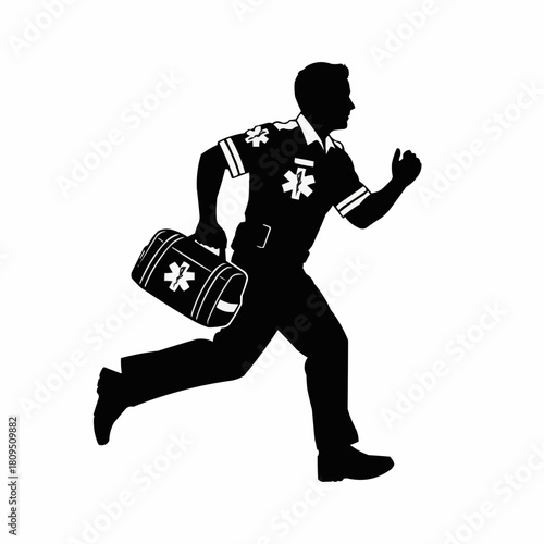 Silhouette of an EMT running with a medical bag, ready to provide emergency care.