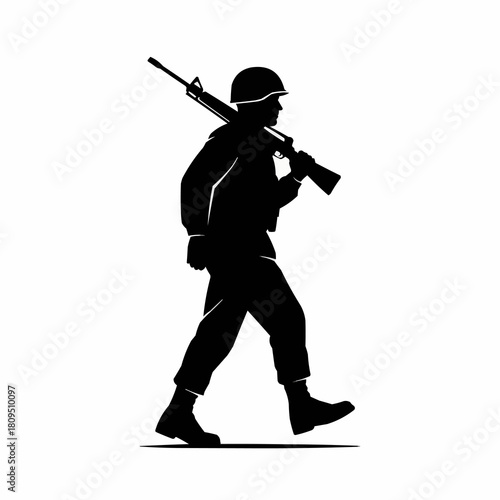 Silhouette of a Soldier Marching with Rifle on Shoulder.