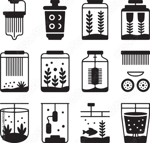 Aquarium icons, water filter, fish tank, aquatic plant, maintenance tool, oxygen pump