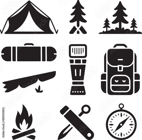 Camping icons, outdoor adventure, tent shelter, hiking gear, campfire, sleeping bag