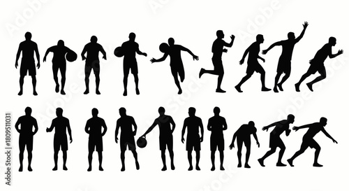 Silhouettes of various male athletes engaged in different sports activities.