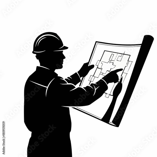 Silhouette of a construction worker or architect reviewing blueprints.