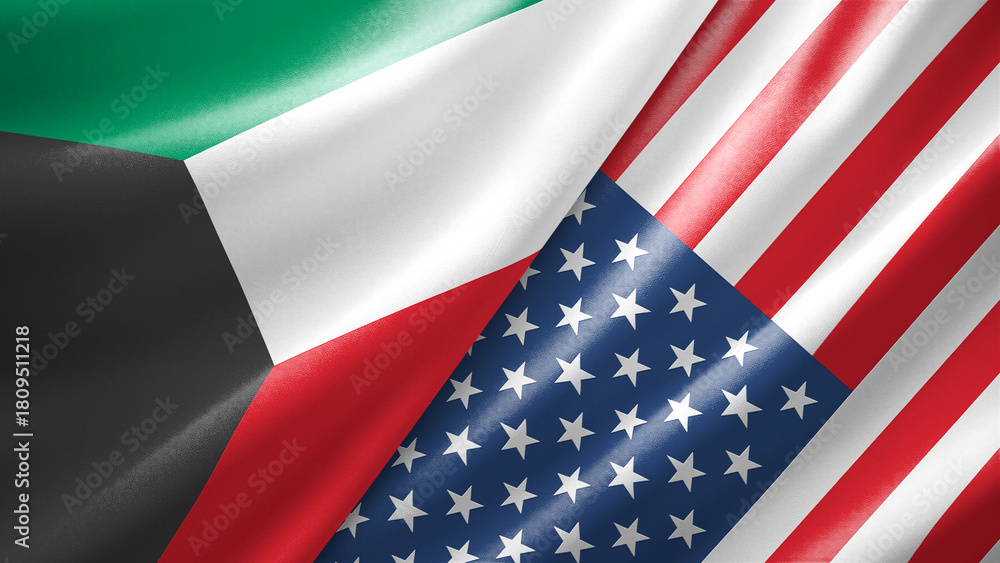 Fototapeta premium Kuwait and United States of America two national flags filling the entire frame, close-up view, edge-to-edge composition