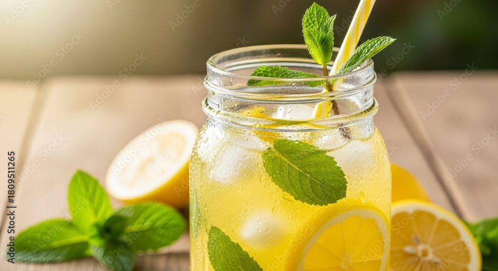 Fototapeta premium Refreshing lemonade in a mason jar with lemons mint and a yellow straw on a wooden surface outdoors