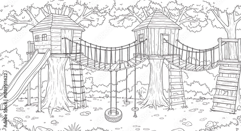 Obraz premium Elaborate Treehouse Playground with Slides, Swings, and Rope Bridges in a Forest Setting.