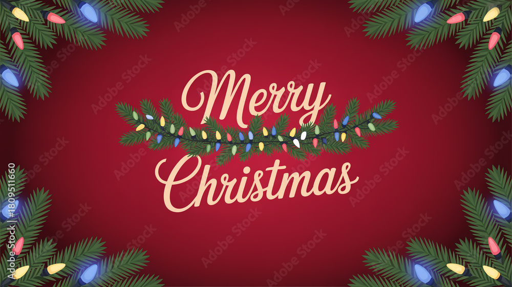 Fototapeta premium Merry christmas card with fir branches and lights on a red gradient background