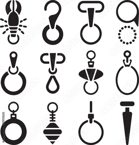 Fishing icons, tackle gear, fish hook, bait lure, sinker weight, swivel connector