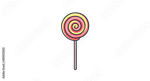 A simple and sweet cartoon illustration of a classic pink and yellow swirl lollipop on a thin stick isolated on a white background.