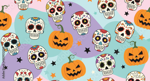 A vibrant and festive seamless pattern for Day of the Dead featuring sugar skulls and jack-o-lanterns on a pastel background.