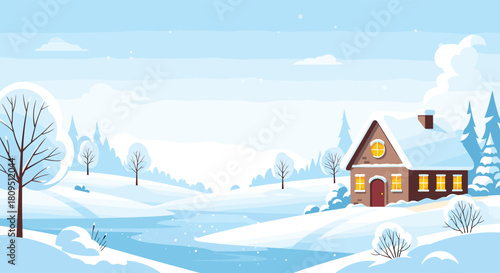 A peaceful and cozy winter wonderland scene with a warm house nestled by a frozen river in a snowy forest landscape.