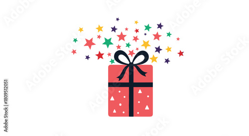A festive red gift box with a black ribbon from which a colorful explosion of confetti stars erupts in celebration.