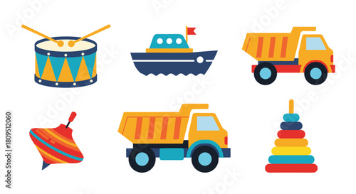 A colorful collection of six classic children's toys including a drum a boat dump trucks a top and a stacking pyramid.